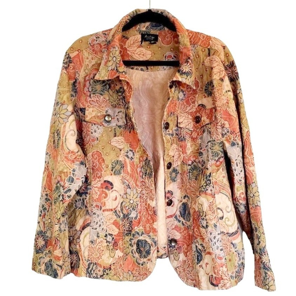 Analogy‎ jacket size 3X textured floral embroidery blues pinks